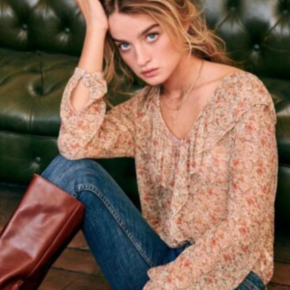 Sezane Priscille Ivory Floral Ruffle Neck Long Sleeves Blouse